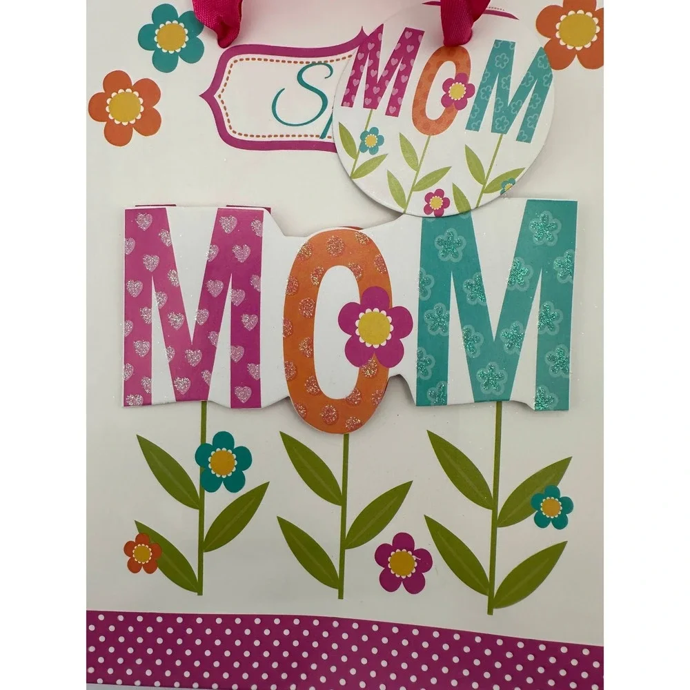 Mothers Day Birthday Mom Gift Bag Pink Ribbon Handles and Glitter Accents 9x7in